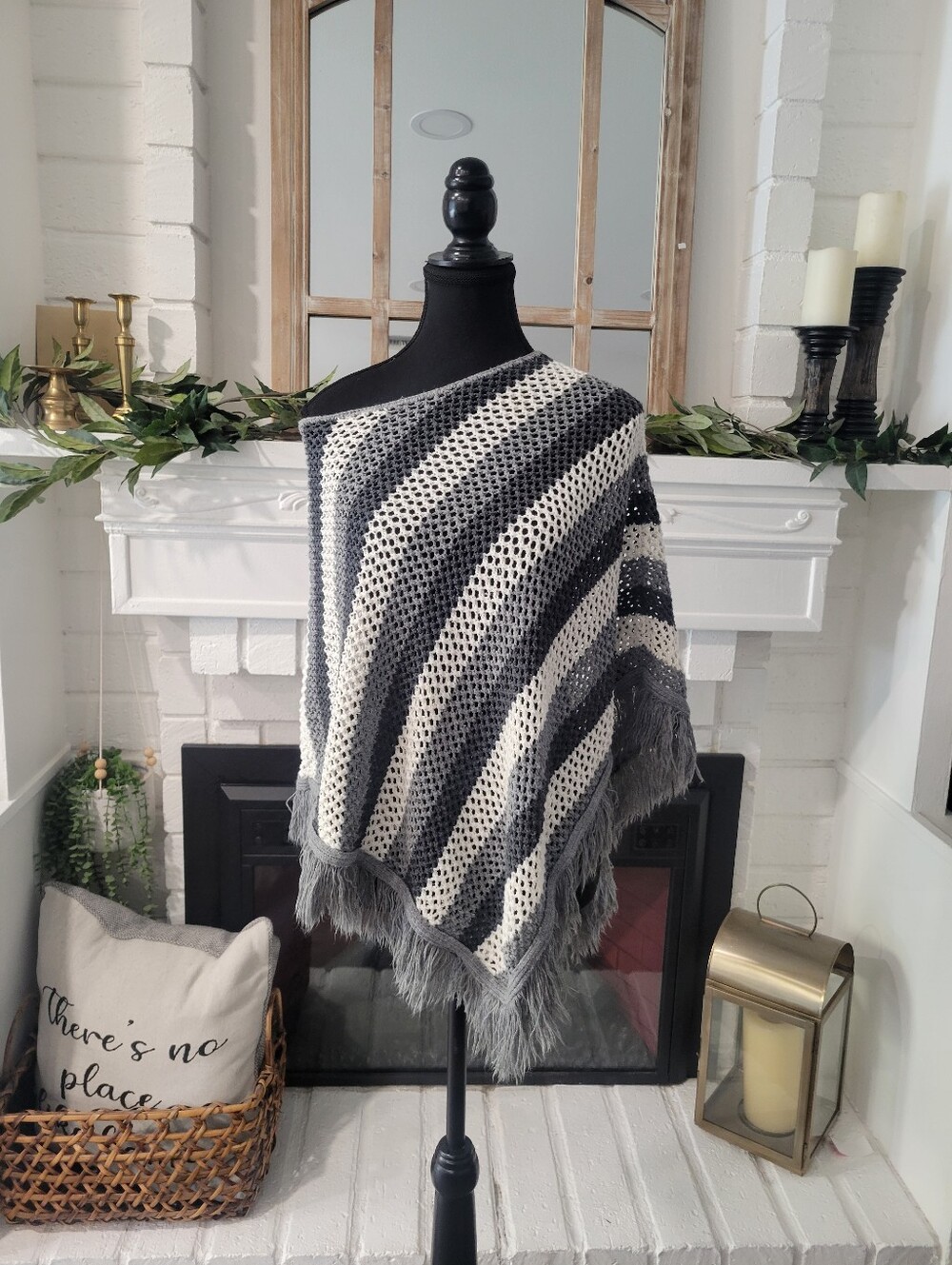 Vintage Faded Glory Striped Crochet Fringe Poncho in Gray and Cream One size
